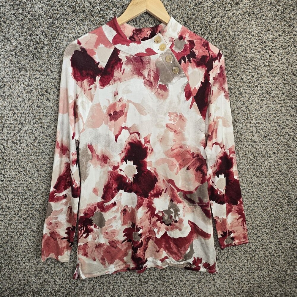 Chicos Top Womens 0 US Small Pink Floral Print Tunic Button Mock Neck Cozisoft